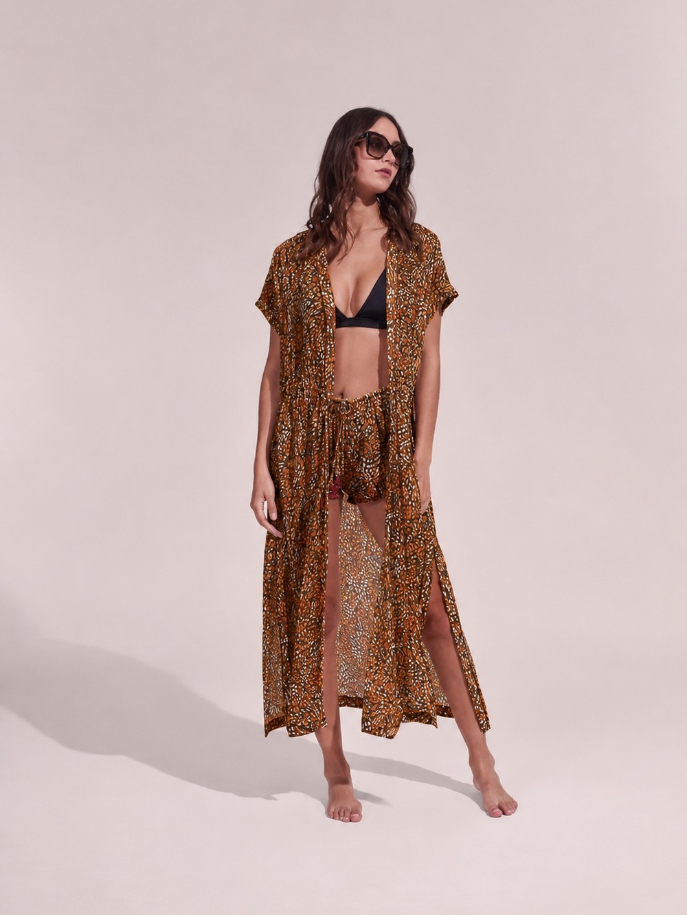 NWT - Poupette St Barth Long Tunic Mya Khaki Geo Animalier Silk Chiffon Size S/M